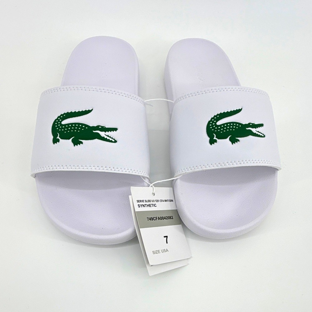 NWT Lacoste Serve 0.0 Slide women 7 white Green Croc Logo Slip-On Sandal travel